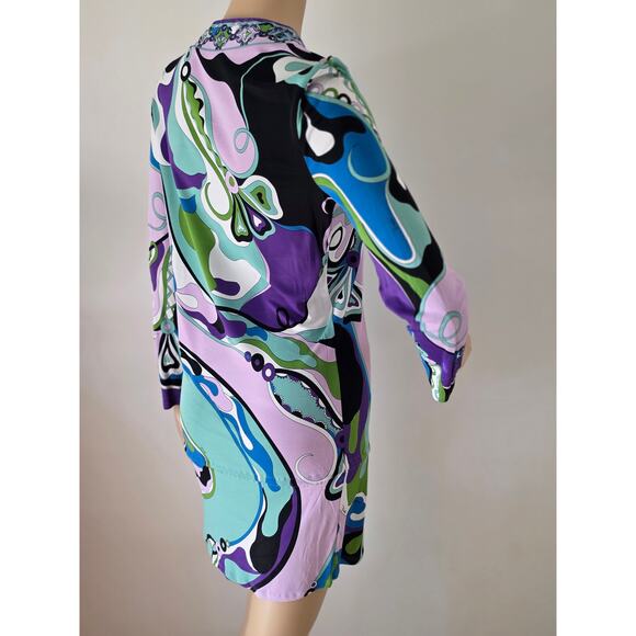 Emilio Pucci Purple Multicolor Signature Print long-sleeved dress 10 sz - Picture 5 of 16